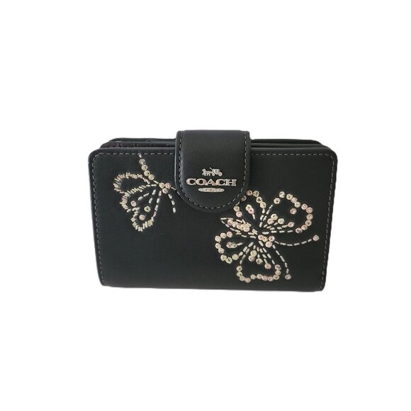 Coach CCL65 Medium Corner Zip Butterfly Print Bifold Wallet Smooth Leather Black - Picture 2 of 8